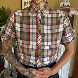 Vintage 70s 80s Earthy Plaid Short Sleeve Button Down by Russ ~ Size Medium